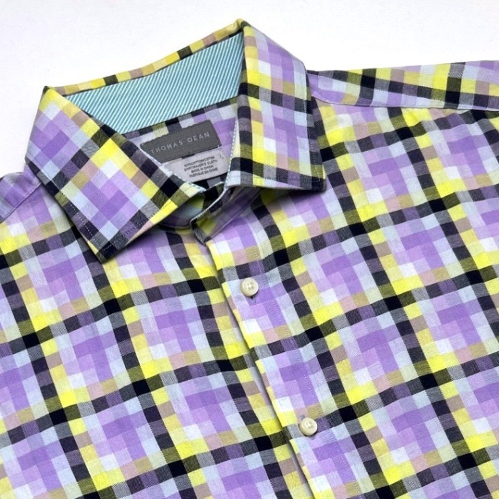 Thomas Dean Mens Button Down Shirt Purple Yellow Plaid Size L Long Sleeve Cotton